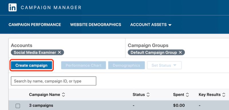 „LinkedIn Campaign Manager“ mygtukas „Sukurti kampaniją“