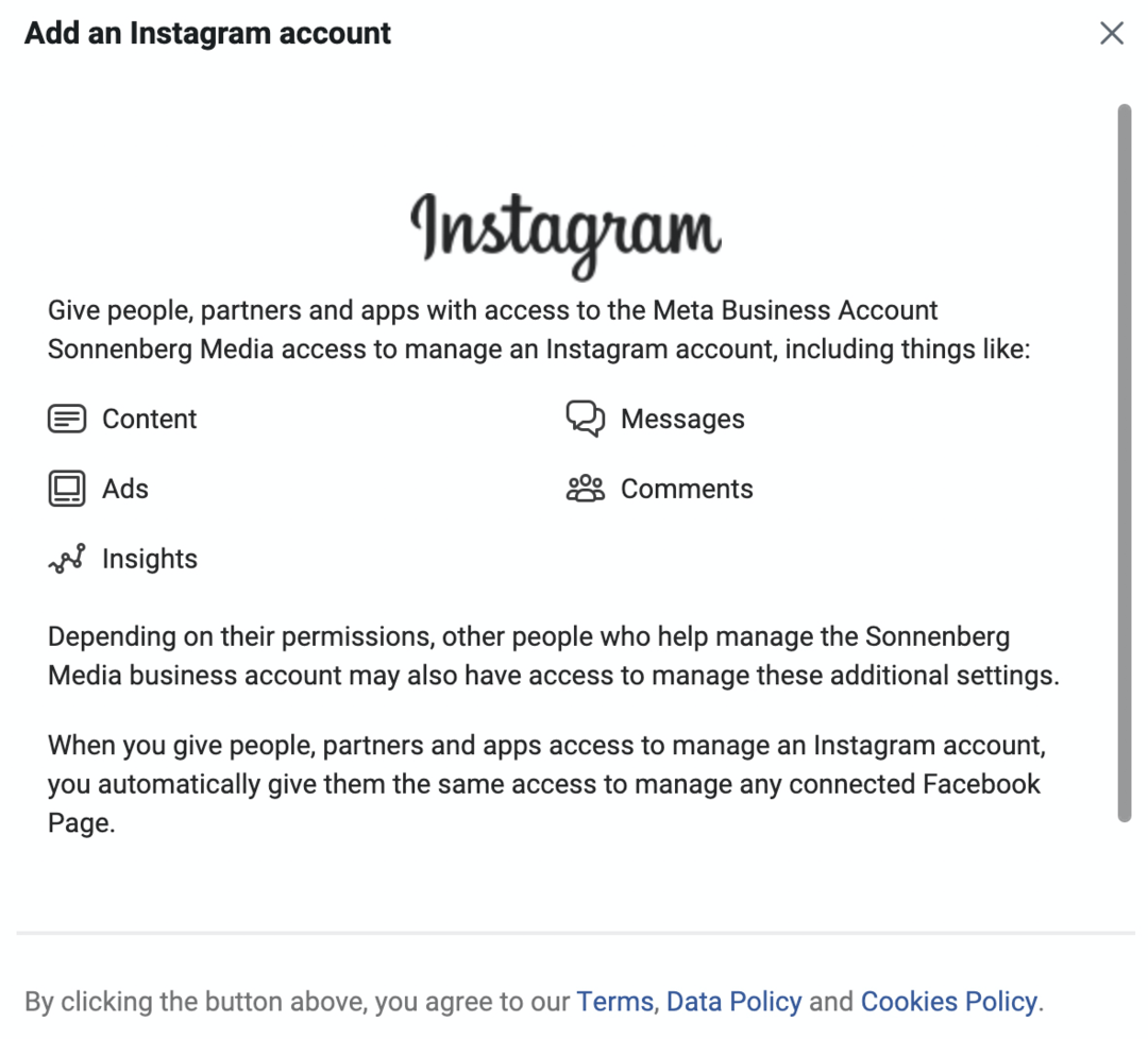 „Meta Business Manager“ ekrano „Pridėti Instagram“ paskyrą vaizdas