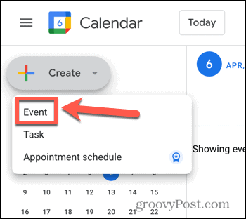 „Google“ kalendoriaus renginio kūrimo parinkties ekrano kopija