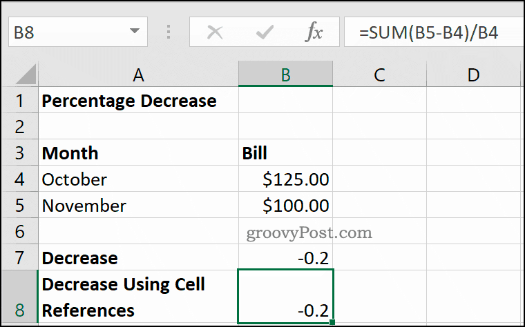 „Microsoft Excel“ procentų sumažėjimo pavyzdys