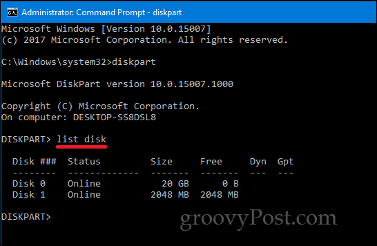 „DiskPart Windows 10“ komandinė eilutė