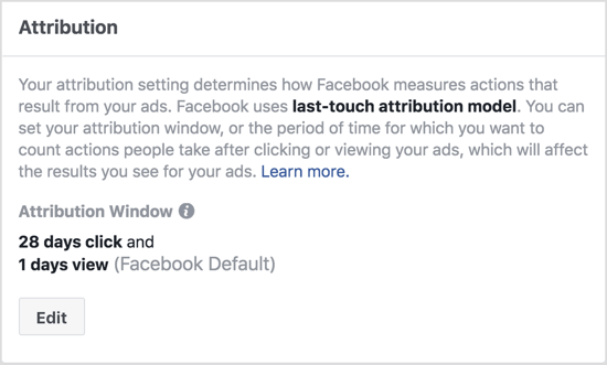 Pagal numatytuosius „Facebook“ priskyrimo lango nustatymus rodomi veiksmai, atlikti per vieną dieną nuo jūsų skelbimo peržiūros ir per 28 dienas nuo spustelėjimo. 