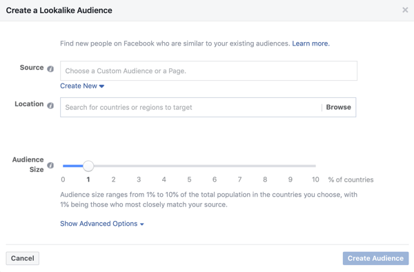Nustatymas, jei „Facebook“ potencialių klientų skelbimų kampanijoje naudojate panašią auditoriją.