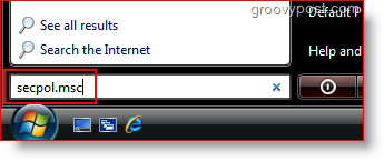 Iš „Windows Vista“ paieškos juostos paleiskite „Secpol.msc“
