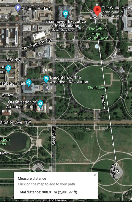 Išmatuoto atstumo „Google Maps“ pavyzdys