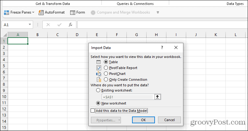 „Excel“ duomenų importavimo parinktys