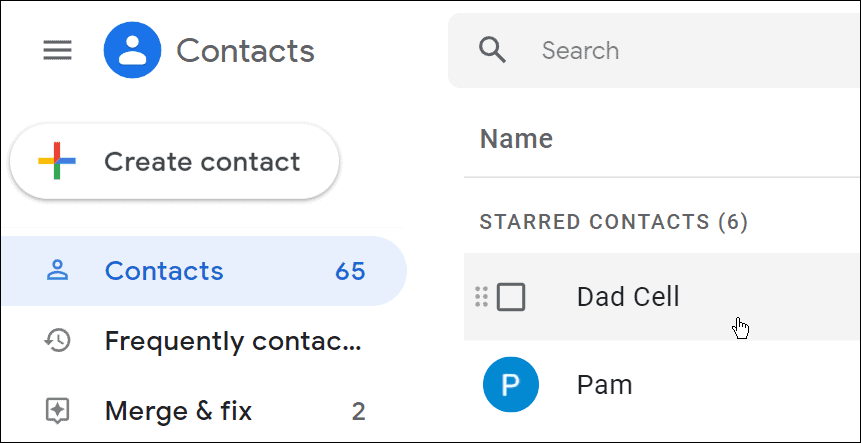 „Gmail“ kontaktų puslapis