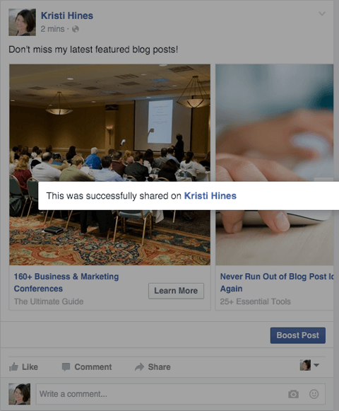 „facebook“ karuselės skelbimas bendrinamas kaip puslapio įrašo patvirtinimo pranešimas