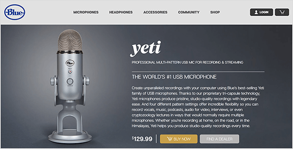 Dusty Porter rekomenduoja atnaujinti į USB mikrofoną, pvz., „Blue Yeti“. „Yeti“ mikrofono pardavimo puslapyje „Blue“ tamsiai pilkame fone rodomas chromuoto mikrofono vaizdas ant stovo. Kaina nurodyta kaip 129,00 USD.