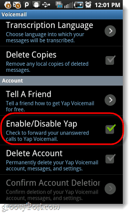 išjungti „Yap“ iš „Android“ balso pašto