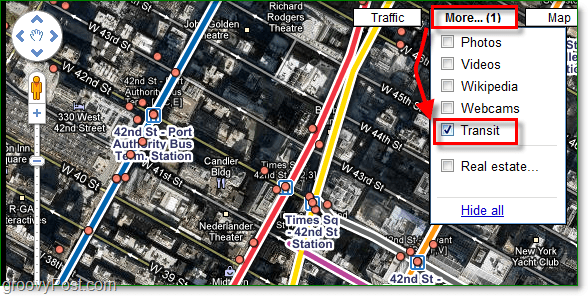 spustelėkite daugiau meniu ir įgalinkite tranzito varnelę „Google“ žemėlapiuose