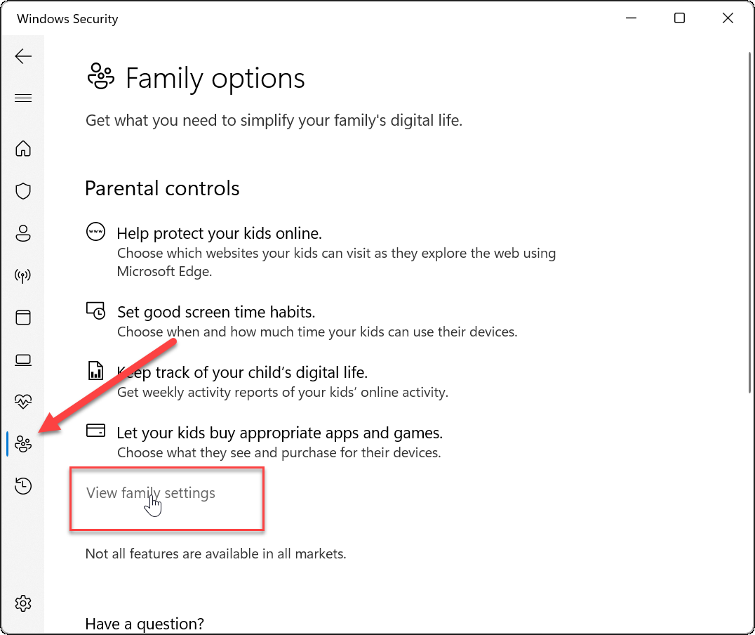 „Windows“ saugos šeimos parinktys