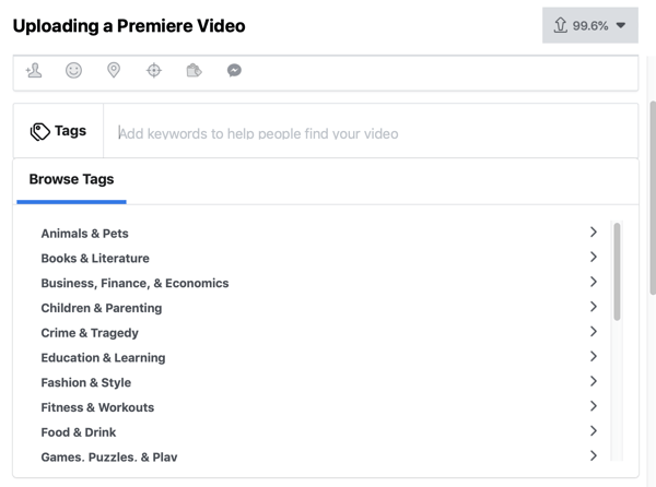 Kaip nustatyti „Facebook Premiere“, 4 žingsnis, vaizdo žymos