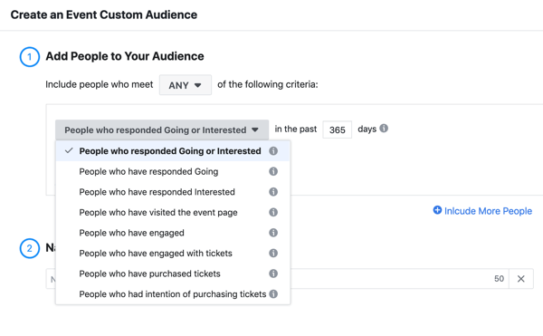 Kaip reklamuoti savo tiesioginį įvykį „Facebook“, 11 žingsnis, sukurkite pasirinktą renginio auditoriją žmonių, kurie atsakė eidami ar domėdamiesi jūsų įvykiu