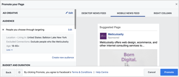 „Facebook“ automatiškai užpildys auditorijos nustatymus pagal jūsų vietos puslapį. 