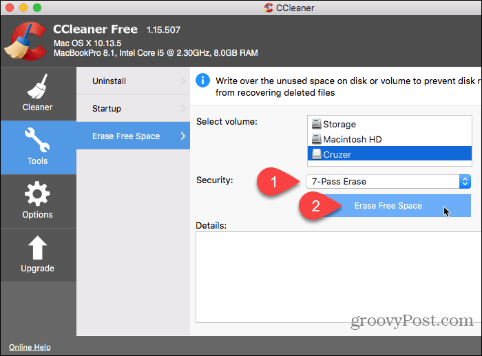 Pasirinkite Saugumas ir spustelėkite Trinti laisvą vietą „CCleaner“