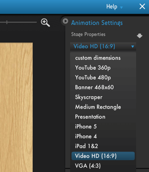 Spustelėkite „Moovly Animation Settings“ meniu, kad pamatytumėte vaizdo platformos optimizavimo parinktis.