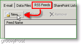 Ekrano kopija „Microsoft Outlook 2007“ sukurkite RSS tiekimą