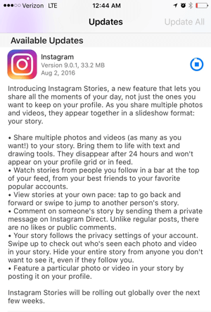 „Instagram“ programų istorijų atnaujinimas