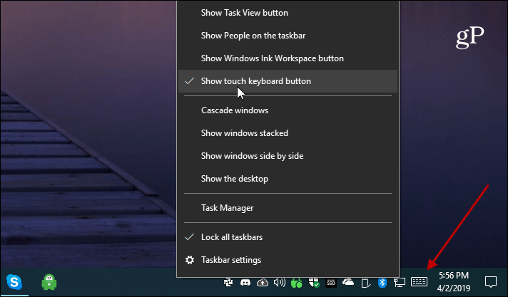 „Windows 10“ rodo jutiklinės klaviatūros mygtuką