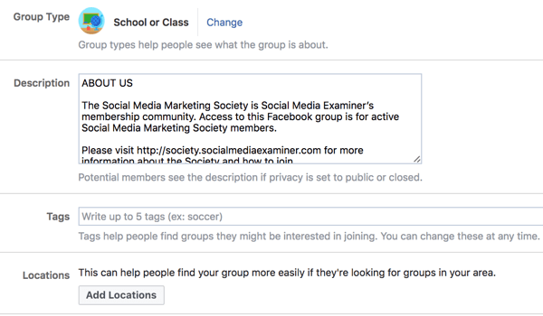 Pateikite papildomos informacijos apie savo „Facebook“ grupę, kad žmonėms būtų lengviau ją atrasti.