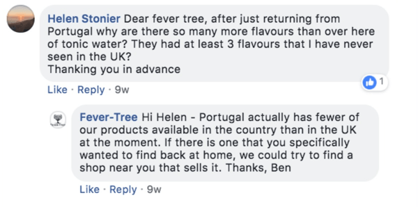 „Fever-Tree“ atsakymo į kliento klausimą „Facebook“ įraše pavyzdys.