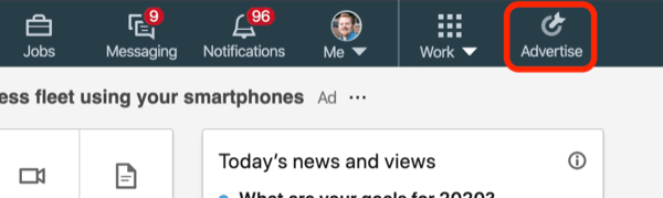 mygtuko Reklamuoti ekrano kopija „LinkedIn“