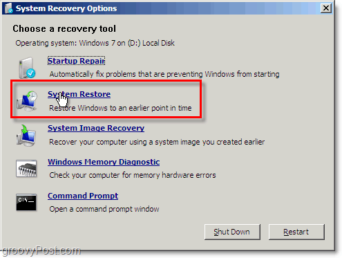 „Windows 7“ sistemos atkūrimą lengva pasiekti iš taisymo režimo