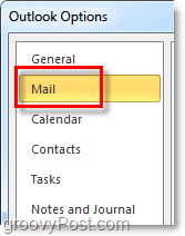 spustelėkite pašto parinkčių skirtuką programoje „Outlook 2010“.