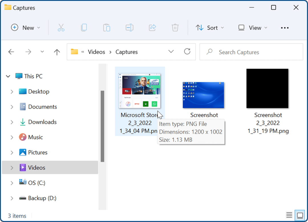 vaizdo įrašymo aplanke padarykite ekrano kopiją sistemoje „Windows 11“.