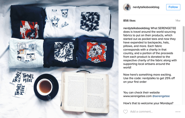 „Nerdy Talks“ knygų tinklaraštyje pateikiami „Serengetee“ produktai ir informuojama sekėjus apie „Instagram“.