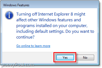 patvirtinkite, kad tikrai norite pašalinti „Internet Explorer 8“, išjunkite!