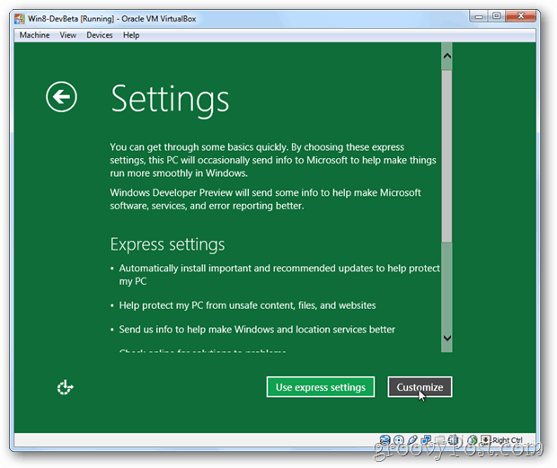 „VirtualBox Windows 8“ išreiškia arba tinkina sąranką