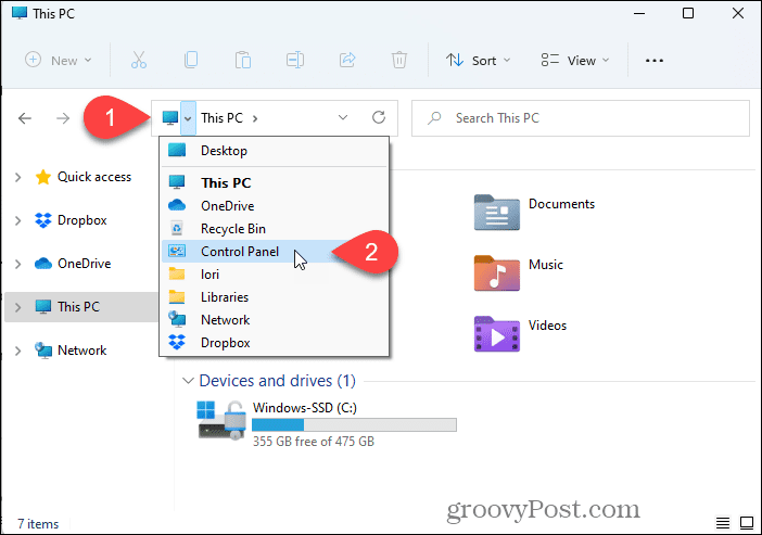 Atidarykite valdymo skydelį naudodami „File Explorer“.