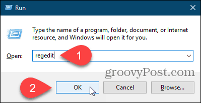Atidarykite registro rengyklę naudodami „Windows“ dialogo langą Vykdyti