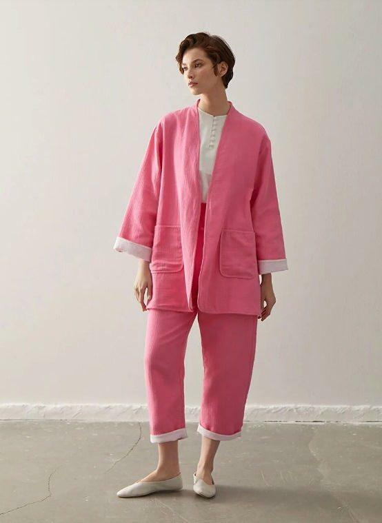 lcwaikiki kimono kelnių kostiumas rožinis