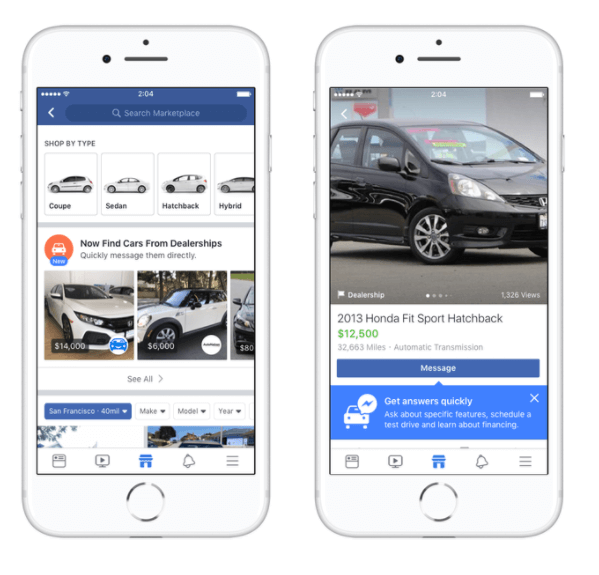 „Facebook Marketplace“ bendradarbiauja su automobilių pramonės lyderiais Edmundsu, „Cars.com“, „Auction123“ ir kt., Kad palengvintų automobilių pirkimą pirkėjams JAV.