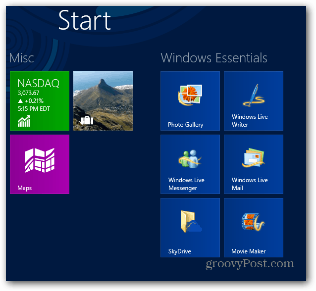 „Windows Essentials“ pradžios ekranas