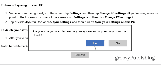 Pašalinkite sinchronizuotus duomenis iš „SkyDrive“ iš „Windows 8.1“