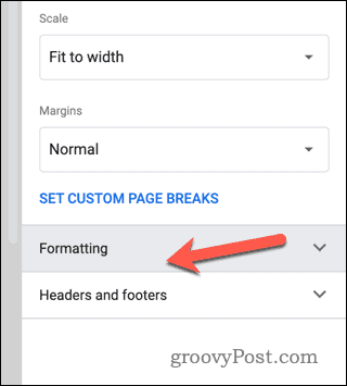 Nustatykite formatavimą ir antraštės bei poraštės nustatymus „Google“ skaičiuoklių spaudinio peržiūroje