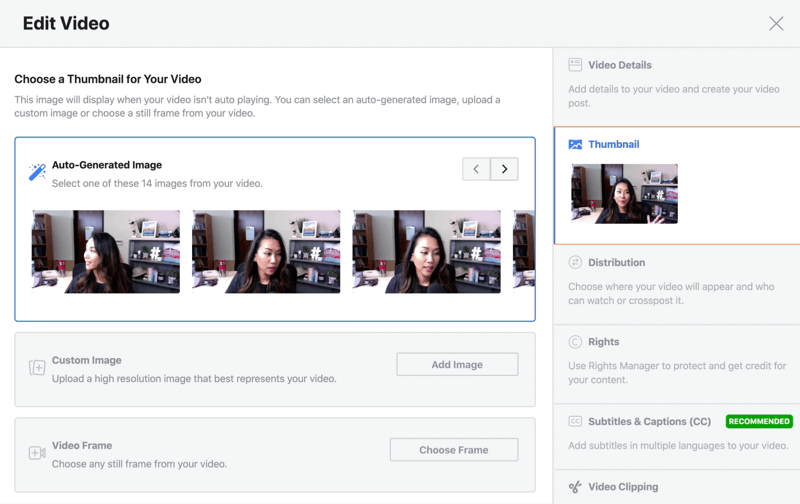 „Facebook“ tiesioginio srauto redagavimo vaizdo įrašo parinktis pasirinkdami automatiškai sugeneruotą miniatiūros vaizdą