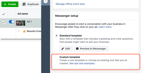 Kaip nukreipti šiltus klientus naudojant „Facebook Messenger“ skelbimus, 10 žingsnis, „Messenger“ paskirties pasirinktinio šablono parinktis