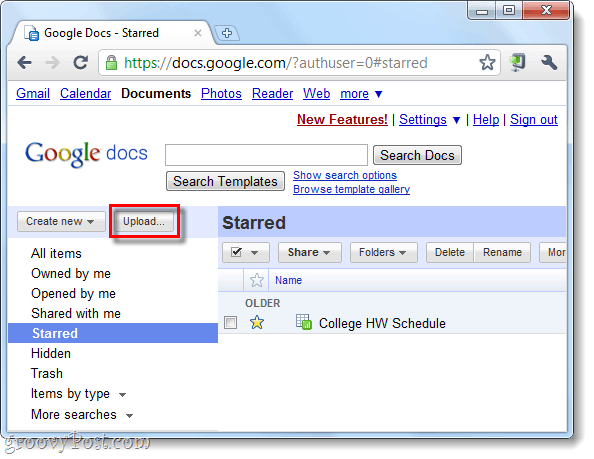 prisijunkite ir spustelėkite „Google“ dokumentų įkėlimo mygtuką