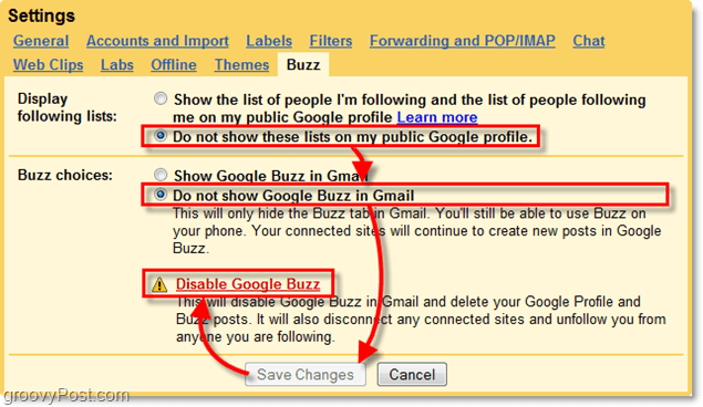 „gmail“ nustatymuose spustelėkite „Google Buzz“ skirtuką