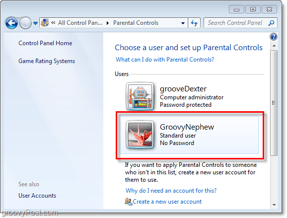 Pasirinkite vartotoją, kad jis pritaikytų tėvų kontrolės ypatybes „Windows 7“