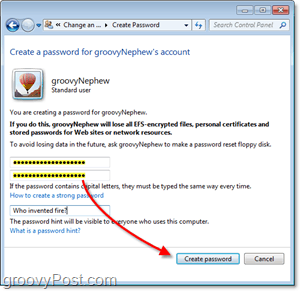 kaip sukurti naują slaptažodį "Windows 7" vartotojo abonementui