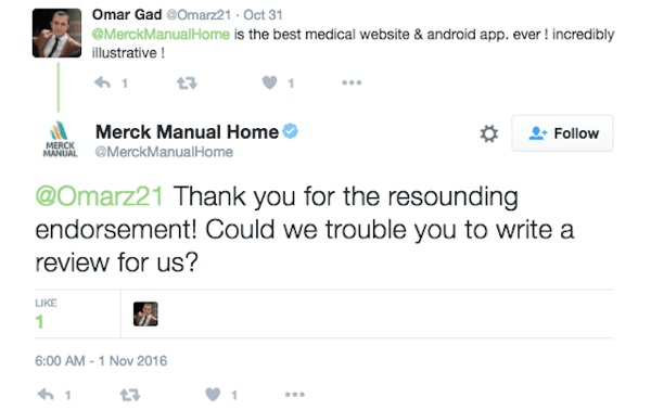 „Merck Manual Home“ ragina klientą palikti atsiliepimą apie savo programą.