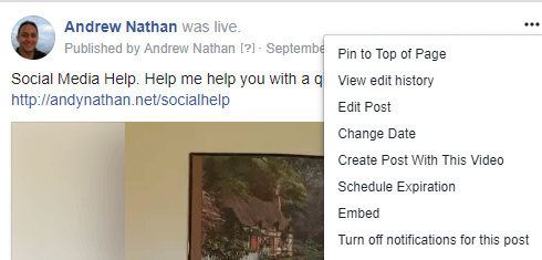 Norėdami įterpti kodą į „Facebook Live“ vaizdo įrašą, spustelėkite trijų taškų meniu ir pasirinkite Įterpti.