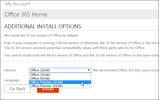 Įdiekite „Office 2016“ peržiūrą