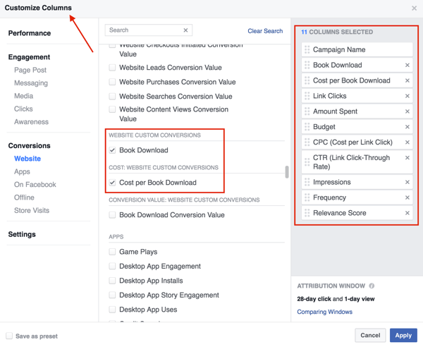 Pasirinkite stulpelius, kuriuos norite pridėti prie „Facebook“ skelbimų rezultatų lentelės.